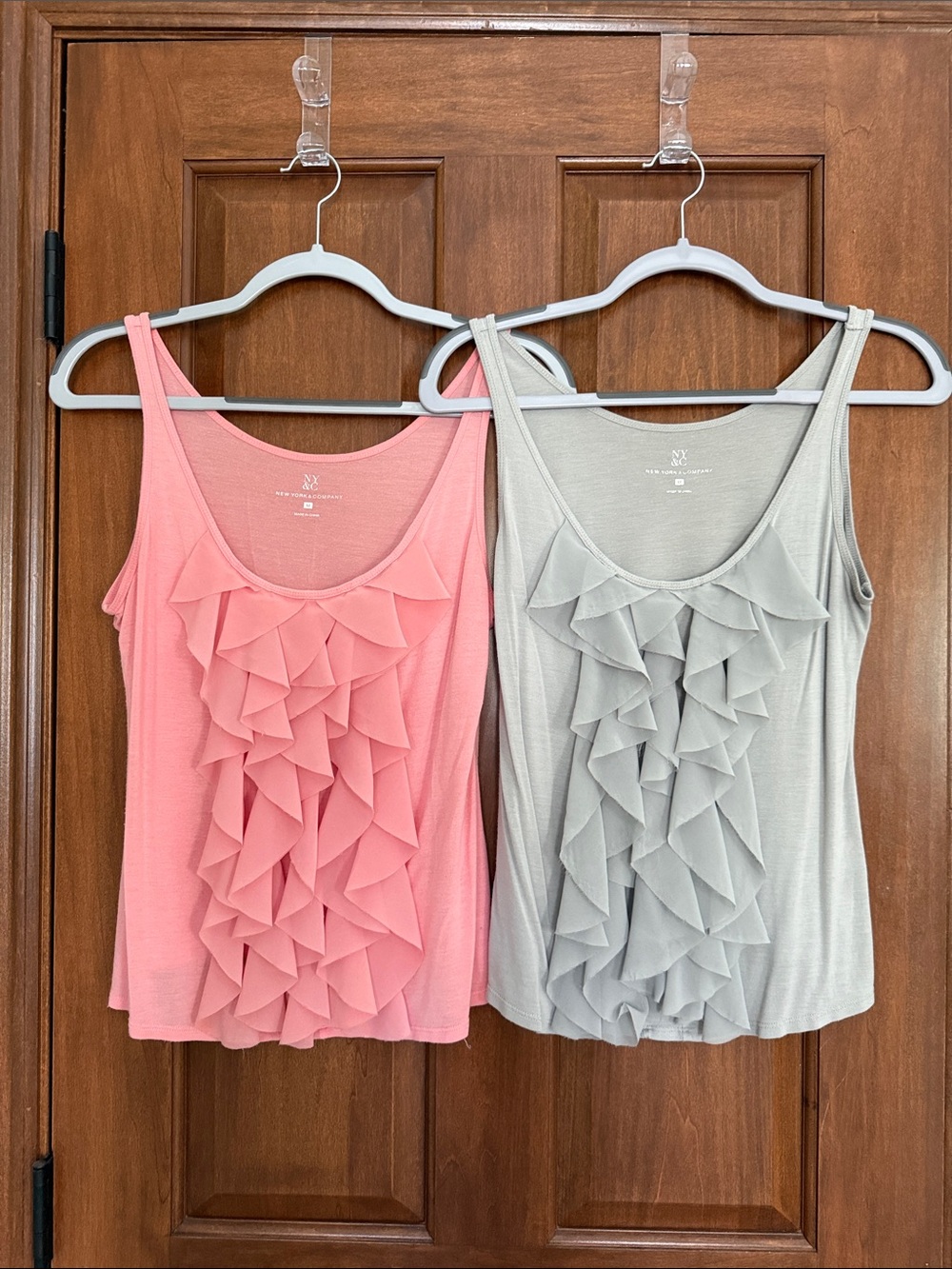 Set of 2 -New York & Co.  Ruffle Front Tank Camisole - Coral Pink & Light Gray